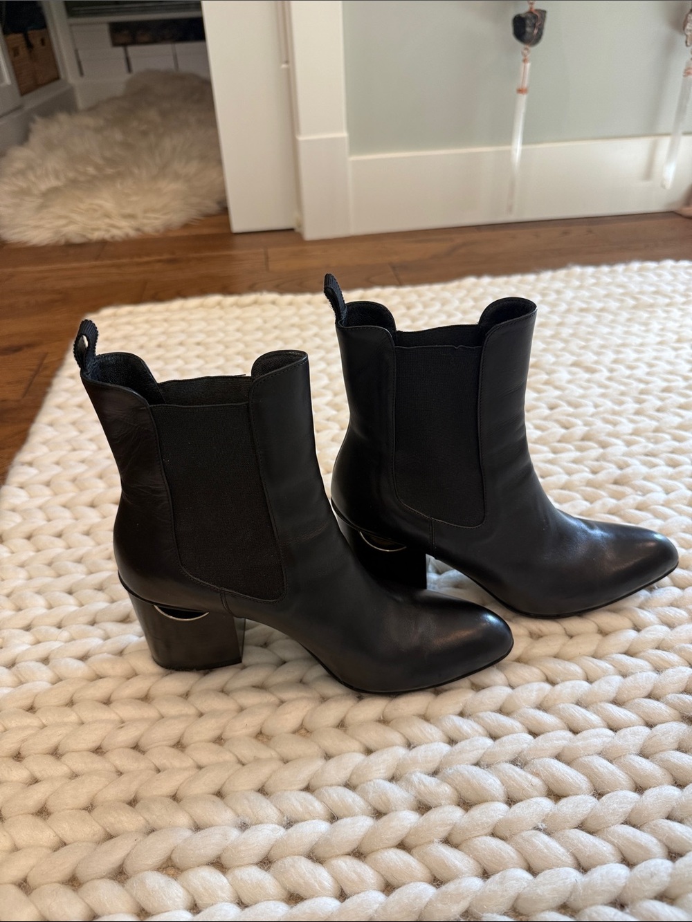 Black Leather Ankle Booties with Sculpted Block Heel